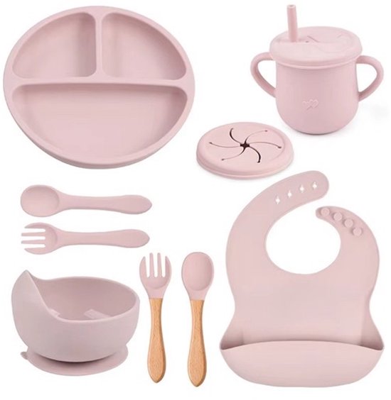 9-Delig Siliconen Voedingsset voor Kinderen - Roze - Baby Eetset - Kinderservies - Baby Servies - Eetlepel - Vakjesbord, Vork & Sippy Cup met Slabbetje - BPA-Vrij van Hega