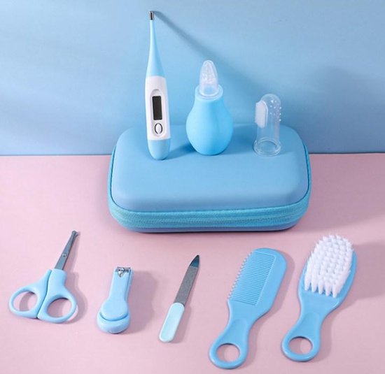 9-delige Baby Verzorgingsset - BLAUW - Baby Borstel - Baby Verzorgingsproducten - Nagelset - Manicure set - Kraam cadeau - Incl. Opberg/-Reisdoosje van Lolzer