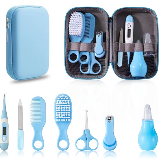 9-delige Baby Verzorgingsset - Professioneel - BLAUW - Baby Borstel - Baby Verzorgingsproducten - Nagelset - Manicure set - Kraam cadeau - Incl. Opberg/-Reisdoosje van Merkloos
