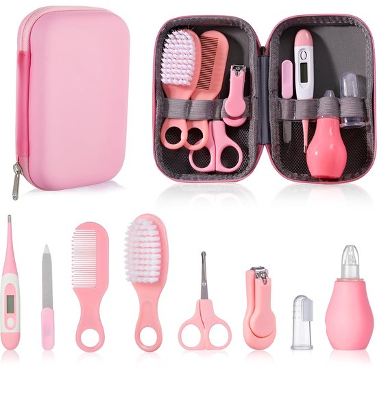 9-delige Baby Verzorgingsset - Professioneel - ROZE - Baby Borstel - Baby Verzorgingsproducten - Nagelset - Manicure set - Kraam cadeau - Incl. Opberg/-Reisdoosje van $