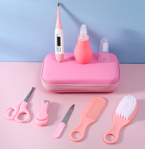 9-delige Baby Verzorgingsset - ROZE - Baby Borstel - Baby Verzorgingsproducten - Nagelset - Manicure set - Kraam cadeau - Incl. Opberg/-Reisdoosje