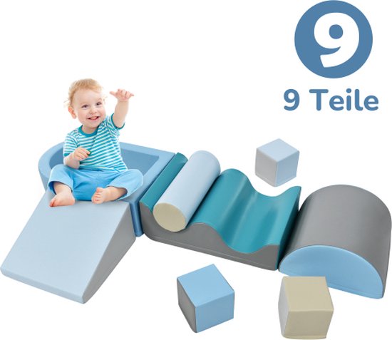 9-delige bouwstenen om rond te rennen en te klimmen. Bouwstenen voor kinderen. Trappen, glijbaan en ballenbak voor kinderen voor kleuters en baby's, zachte bouwstenen, kleurrijk. Zonder bal. van Triclimb