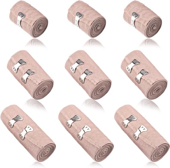 9 elastische verbanden 4,5 m - Compressieverband voor pols, enkel en knie - Ideaal bij verstuikingen en blessures met metalen clips van Merkloos