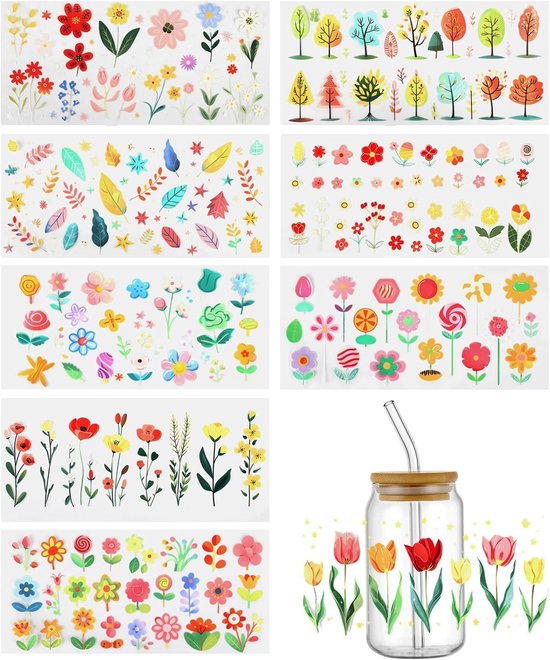 9pcs UV DTF Cup Wraps voor 16 oz - Boho Flowers - Gepersonaliseerde Tulpen Stickers - Waterdichte Flower Decals - UV DTF Tumbler Wrap voor Glas Waterfles van Merkloos