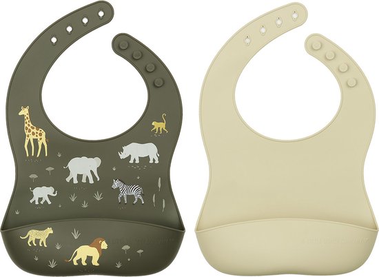 A Little Lovely Company - Siliconen slabbetjes met opvangbakje, set van 2 - Savanne grijs van Merkloos