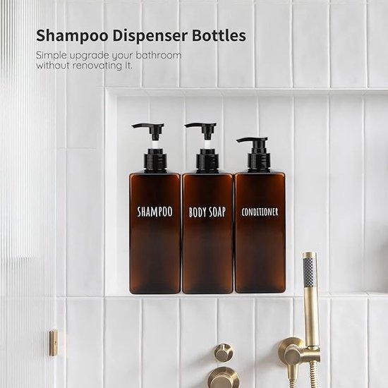 A Luxe zeep Lotion Dispenser vierkant, 3 stuks, 500 ml, bruin, zeepdispenser, set met etiketten voor shampoo, conditioner, bodyzeep, navulbare kunststof pompflessen voor badkamer, hoge capaciteit van Amolliar.