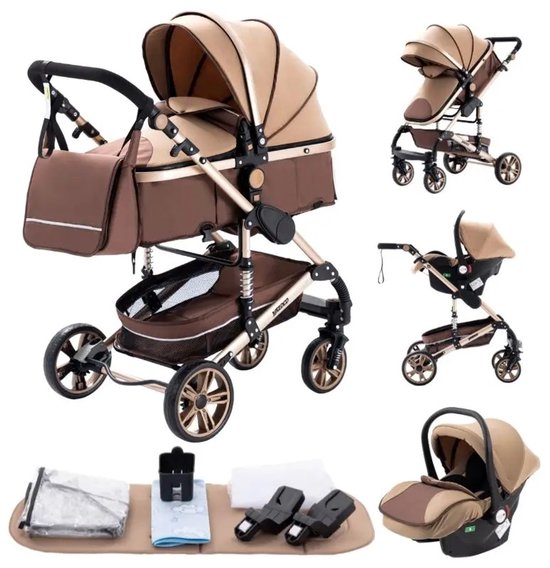 Aafinity - Luxe Kinderwagen 3 in 1 - Wandelwagen - Autostoeltje - Buggy - Aluminium Frame - Opvouwbaar - 0-36 Maanden - Khaki van Merkloos