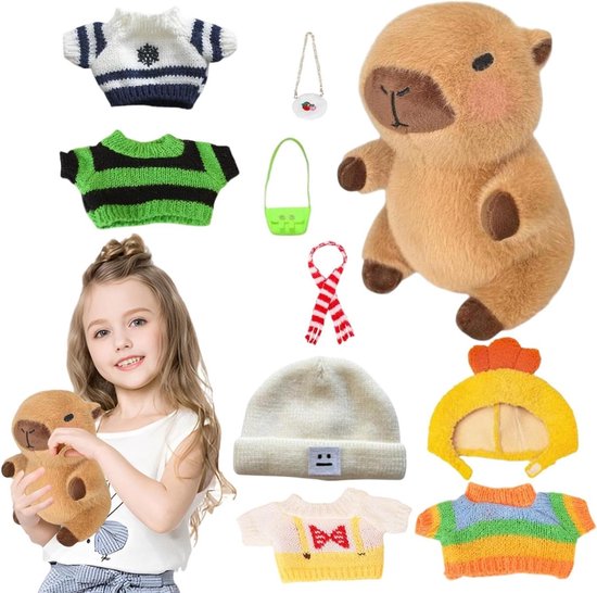 Aankleedknuffel Capybara - Verkleedknuffel Pluche - Kinderen Spelenderwijs Leren - Met 10 Kledingstukken - 23 cm - Bruin