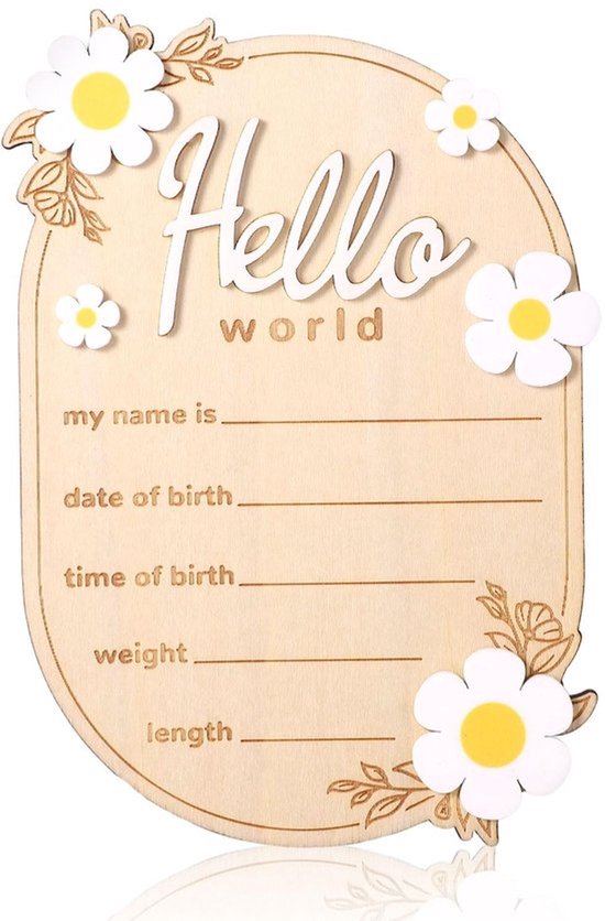 Aankondigingsbord Houten 15x10,5cm - Geboortebord voor Buiten - Geboortebord Jongen/Meisje - Hello World Bord - Decoratie voor Thuis