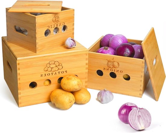 Aardappelen uien knoflook opbergdozen set van 3 met bamboeafdekking - ventilatiegaten - houdt groenten vers van Merkloos