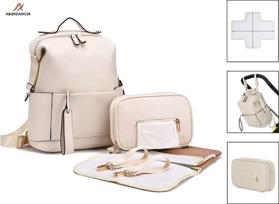 Abundancia® - Luxe PU Luiertas - incl. Billendoekjes Houder - incl. Verschoonmat - Verzorgingstas - Diaperbag- Kraam Cadeau - Babyshower Cadeau - Waterdicht - Unisex - Creme van Abundancia®