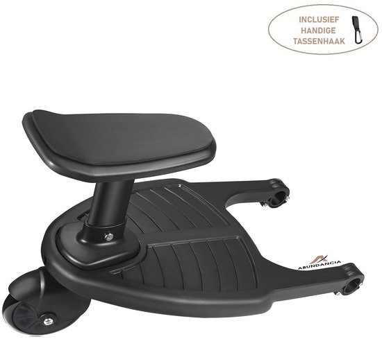 Abundancia® - Meerijdplankje Universeel - Meerijdplankjes - Meerijdplankje met zitje - Verstelbaar - Incl. tassenhaakje - Voor Kinderwagen/Buggy - As doorsnee max. 25mm - Zwart - 1 Wiel van Merkloos