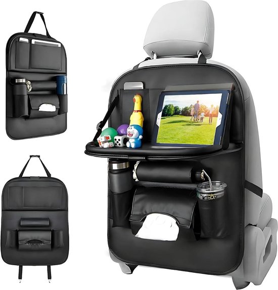Achterbank organizer PU lederen autostoel - rugleuning organizer met opvouwbare lade tafel - 6 zakken auto organisator voor reizen ouders - bestuurders speelgoed en voedsel Auto tafel van Merkloos