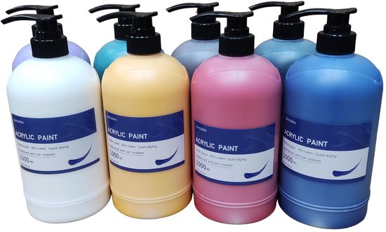 Acrylverfset met 8 kleuren - Zware bodypaint in knijpflessen 1000 ml