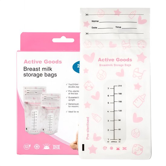 Active Goods Moedermelk bewaarzakjes - 125 stuks - Borstvoeding bewaarzakjes - Melkzakjes - 210 ml - Met dubbele sluiting en schenktuit