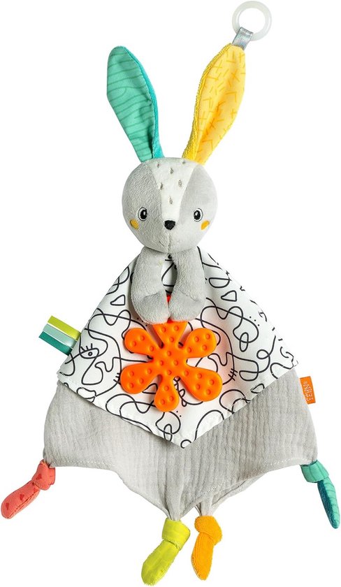 Activiteit Knuffeldoekje Hase met Rammelaar, Bijtring & Knispermateriaal - Voor Baby's en Peuters
