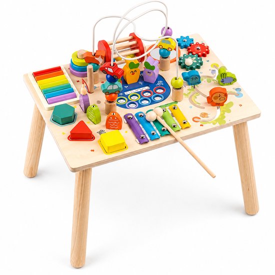 Activiteiten Tafel – Montessori Speelgoed – Educatief Speelgoed – Alles-in-Één Houten Activiteitentafel – Speelgoed 1 jaar – Speelgoed 2 Jaar – Speelgoed 3 Jaar – Kralenbaan, Xylofoon & Visspel