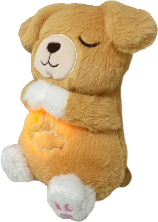 Ademend Knuffeldier - Rustgevende Pluche - Slaap Gemoedelijk - Licht en Geluid - 30x25x16 cm - Geel