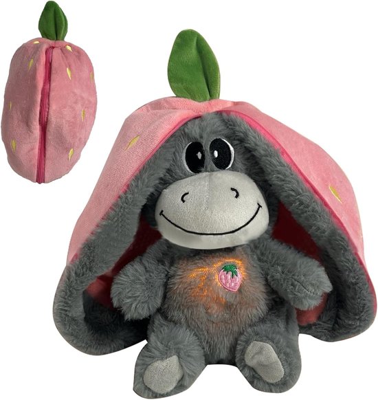 Ademende Knuffel Ezel - Slaapknuffel met Ritmische Ademhaling, Muziek & Licht - Slaaphulp Baby & Kind - Rustgevende Knuffel - Aardbei & Avocado Design - White Noise & Hartslag - Roze van Merkloos