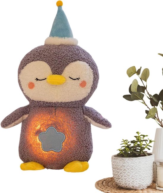 Ademende Pinguïn Knuffel - Sensorisch Speelgoed - Rustgevende Slaap - Ritmisch Ademend Licht - 28 cm - Paars Grijs Geel