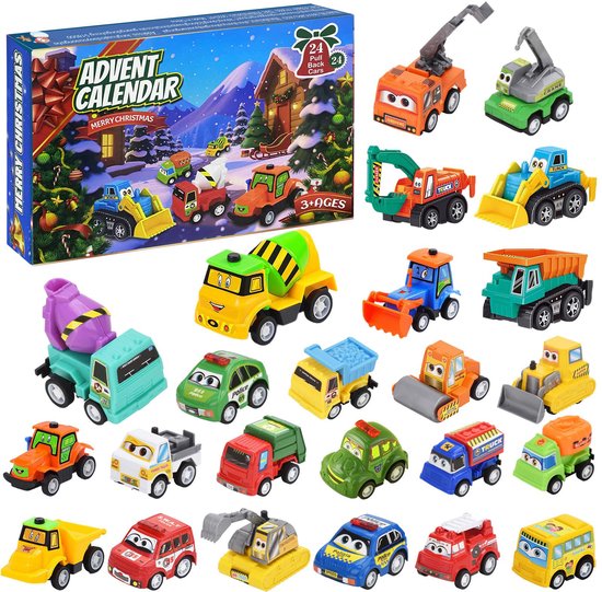 Adventskalender 2025 voor kinderen jongens - 24 dagen kerst aftelkalender met uittrekbare auto's en voertuigen - vakantiecadeaus kerstadventskalenders autoset voor kinderen peuters jongens