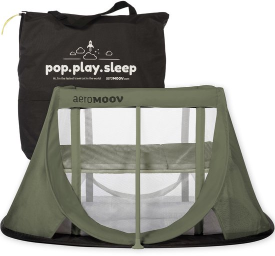 AeroMoov Campingbedje / Reisbedje met matras - voor baby én peuter - met bodemverhoger - Opgezet in 2s - Green Moss van Merkloos