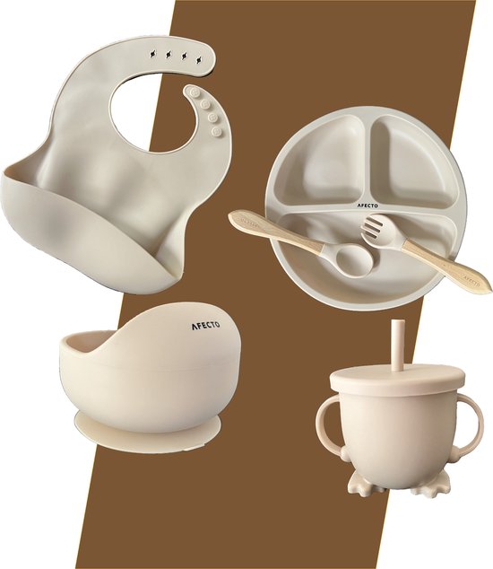 Afecto eetset voor kinderen - servies set 6 delig - siliconen onbreekbaar - eenvoudig schoonmaken - ivoor - complete set van Afecto