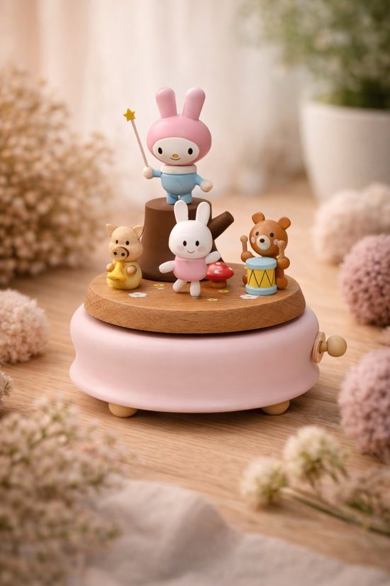 Afecto Muziekdoosje - opwindbaar - hout - Afecto Houten Muziekdoos met Dansende Bosdieren - Konijntje, Beertje en Biggetje - Draaibare Muziekdoos met Pastel Roze Voet - Decoratief Kinder Muziekdoosje voor Baby- en Kinderkamer van Merkloos