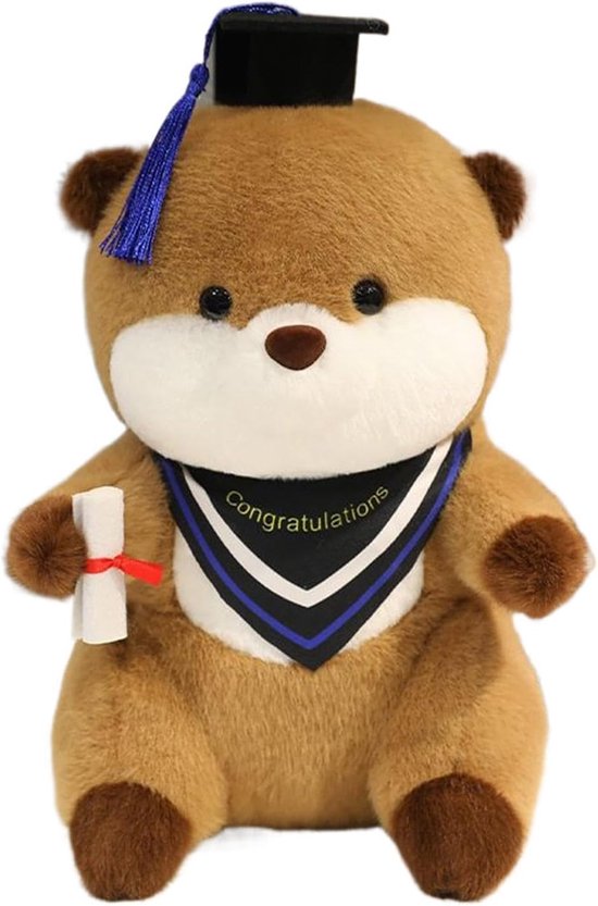 Afstudeer Knuffeldier - Pluche Aandenken - Afstudeerdecoratie - Met Hoed en Diploma - 25x18 cm - Blauw