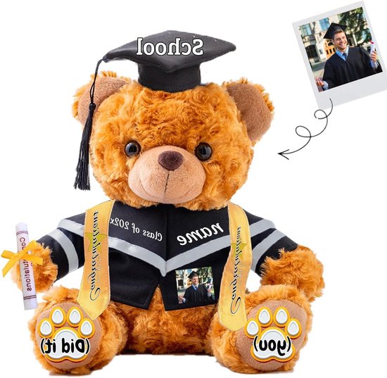 Afstudeerbeer - Teddybeer 2025 - Gepersonaliseerd cadeau geven - Met foto of tekst - 20cm - Kleur 1