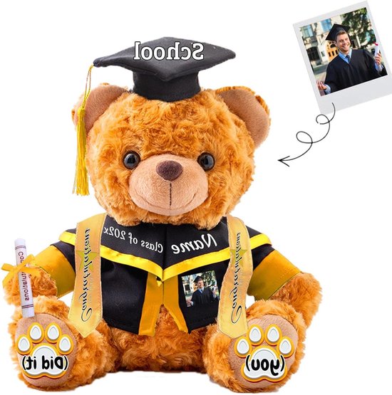 Afstudeerbeer - Teddybeer met tekst - Cadeau geven - Gepersonaliseerd met foto - 20cm - Kleur 13