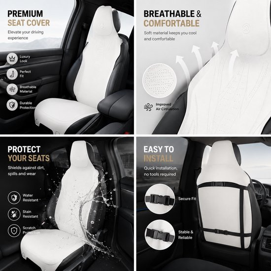 AIM Autostoelbeschermer – Luxe PU Imitatieleer Zit- en Rugkussen - Set van 2 – Kia Picanto 1 – Airbag Compatibel - M14 - Wit