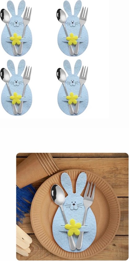 Akyol - Bestekhouder Pasen - 4 stuks - Bestek Hoesjes - Tafel Houders - Paas Decoratie - Versiering - konijn - tafel decoratie pasen - Paasdag - ei - Kippen - bestekhouder dieren van Akyol