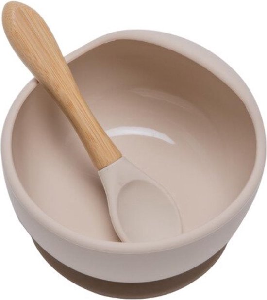 Akyol - Kinderbord met Zuignap - Babyservies – Babybordjes – Baby bord Antislip – Babybord zonder Knoeien – Kinderservies - Baby Kommetje - Inclusief Lepel – Kinderbordje met Bestek - Bruin van Akyol