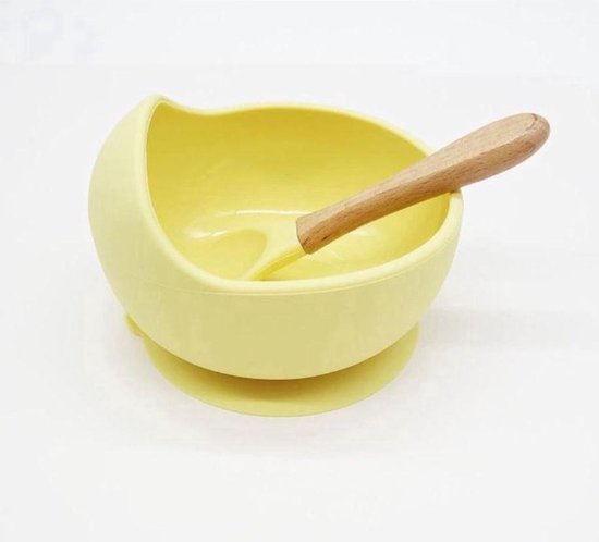 Akyol - Kinderbord met Zuignap - Babyservies – Babybordjes – Baby bord Antislip – Babybord zonder Knoeien – Kinderservies - Baby Kommetje - Inclusief Lepel – Kinderbordje met Bestek - Geel van Akyol