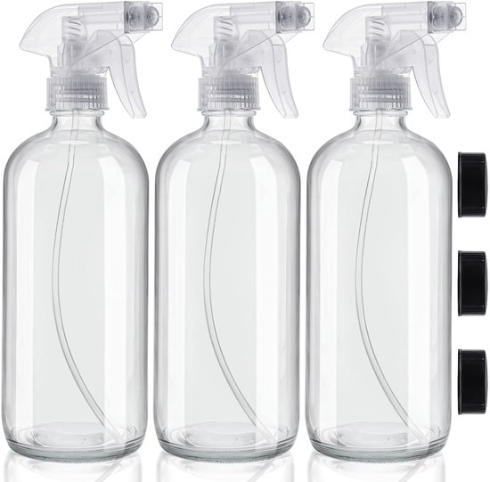 aladdien - Lege spuitflessen - Hervulbare glazen flessen - Duurzaam 3-pack - 500 ml - Voor schoonmaak, aromatherapie, essentiële oliën - Transparant