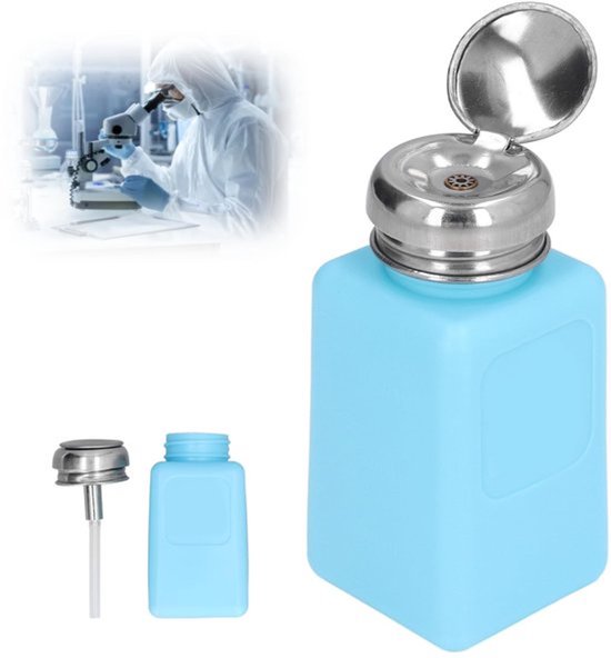 Alcoholdispenser ESD-veilige antistatische vloeistofdispenser - Drukpompdispenser - Roestvrijstalen deksel - HDPE fles - Capaciteit 200 ml - Voor oplosmiddelen zoals aceton en olie