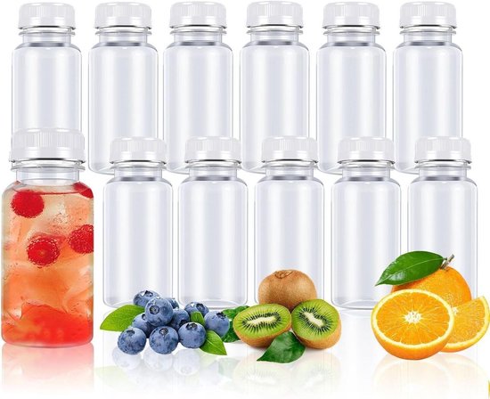 Allecta - Set van 12 kleine glazen sapflessen met deksel - 100 ml - Hervulbare plastic flessen - Lege kunststof sapwaterflessen van Merkloos
