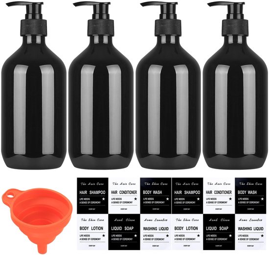 Allecto - Lege Shampoo Flessen - Hervulbare Flessen - Duurzaam - Zwart - Perfect voor Vloeibare Zeep - Inclusief Trechter en Stickers