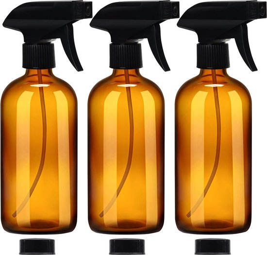 Allecto - Navulbare Lege Glazen Spray Flessen - Duurzaam - Amber - Verstuiver - Pistoolspray Fles Container Set - 500 ml - Schoonmaak - Aromatherapie - Essentiële Oliën - Geschikt voor diverse vloeistoffen - 2 Standen - 3 Pack.