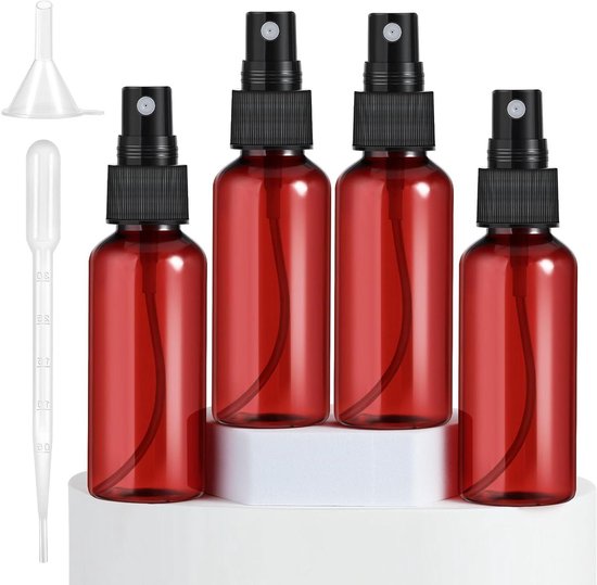 Allecto Plus - 4-pack blauwe nevel spray flessen 50 ml voor etherische oliën en cosmetica - navulbaar - handdesinfecterende middelen - roodbruin
