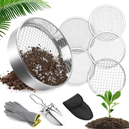 Allecto Plus - 5-in-1 tuinzeef van roestvrij staal met verwisselbare zeefinzetstukken - 20 cm - voor aarde, compost en zaaigoed van Allecto Plus