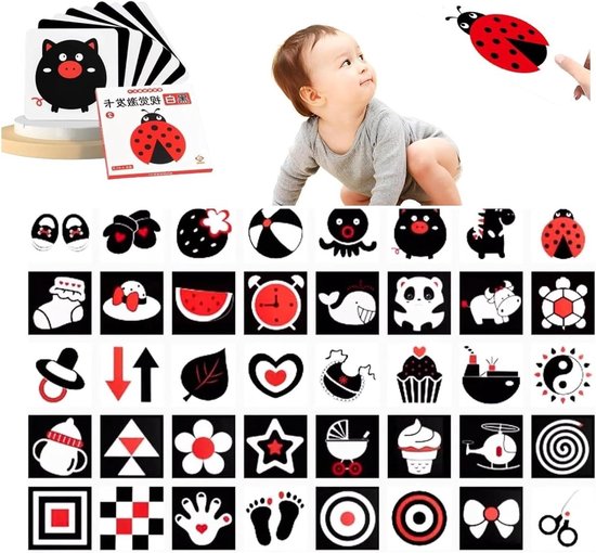 Allecto Plus - Flash-kaartenset voor baby's - 36 visuele ontwikkelingskaarten - zwart en wit - visuele waarneming - geheugen stimuleren - pasgeborenen - zwart en rood - maat optimaliseren van Allecto Plus