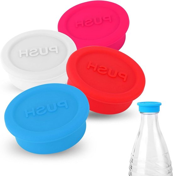 Allecto plus - Siliconen Afsluitdoppen voor Frisdrankflessen - Set van 4 - Herbruikbaar - Geschikt voor Sodastream Glazen Fles - Rood, Roze, Blauw, Wit - 76 characters