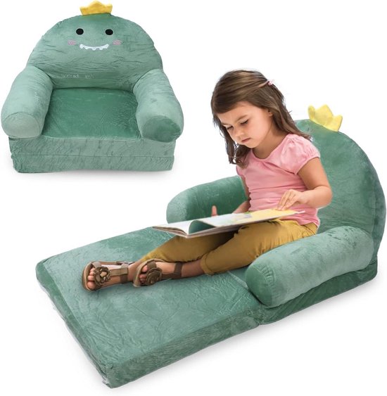 Allecto Premium- Kinderbank Met Uitklapbare Zachte Peuterstoel Dinosaurus Design - Opvouwbare Armleuning Stoel Bed Gestoffeerd - 2 in 1 Klap Open Bank Zitje voor Baby en Peuters - Comfortabel en Veilig - Inclusief 2 Banden van Merkloos