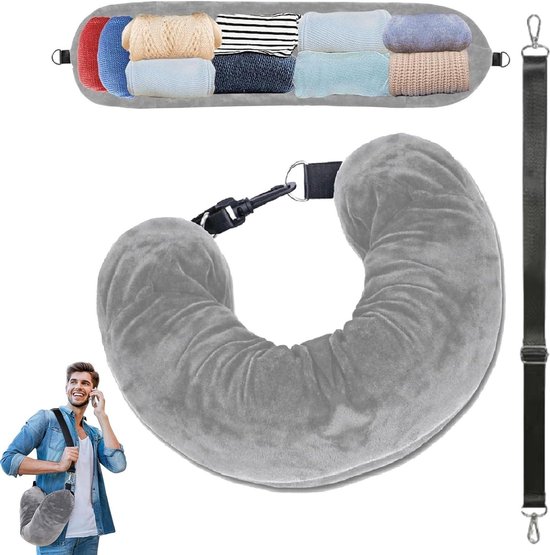 Allecto Premium - Reiskussen met Vulling - Zachte Kristal Velours Hoes - Multifunctioneel Reisaccessoire met Afneembare Verstelbare Schouderband (Grijs) van Allecto