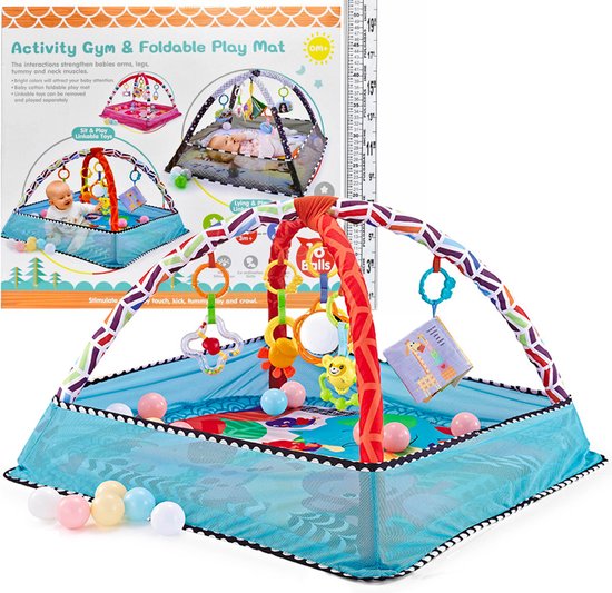 Allerion Baby Gym Ballenbak - Baby Speelmat - Opvouwbaar - Met 5 Hangers en 18 Ballen - Blauw - 80cm x 80cm van Allerion