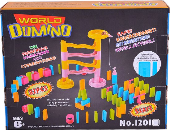 Allerion Domino Set Medium – Domino Stenen Spel voor Kinderen – Met Knikkerbaan - 82 Dominostenen – 7-delige knikkerbaan – 8 Attributen van Allerion