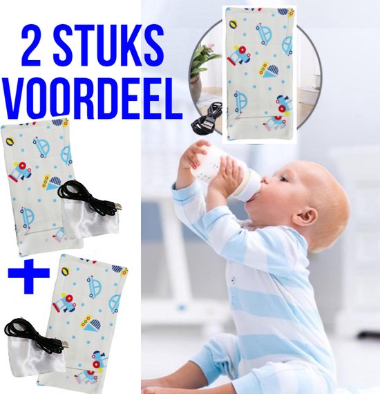Allernieuwste 2 STUKS USB Baby Fles Warmer model Blauwe Auto's - Heater - Reisaccessoire - Draagbaar - Klittenband - Kleur van Allernieuwste