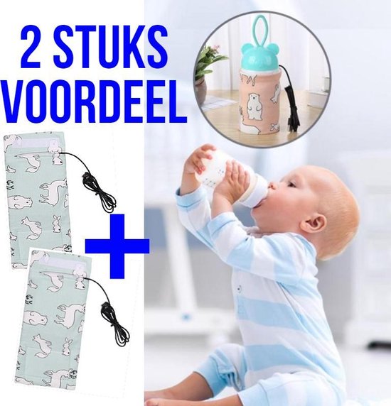 Allernieuwste 2 STUKS USB Baby Fles Warmer model Blauwe Dieren - Heater - Reisaccessoire - Draagbaar - Klittenband - Kleur van Allernieuwste